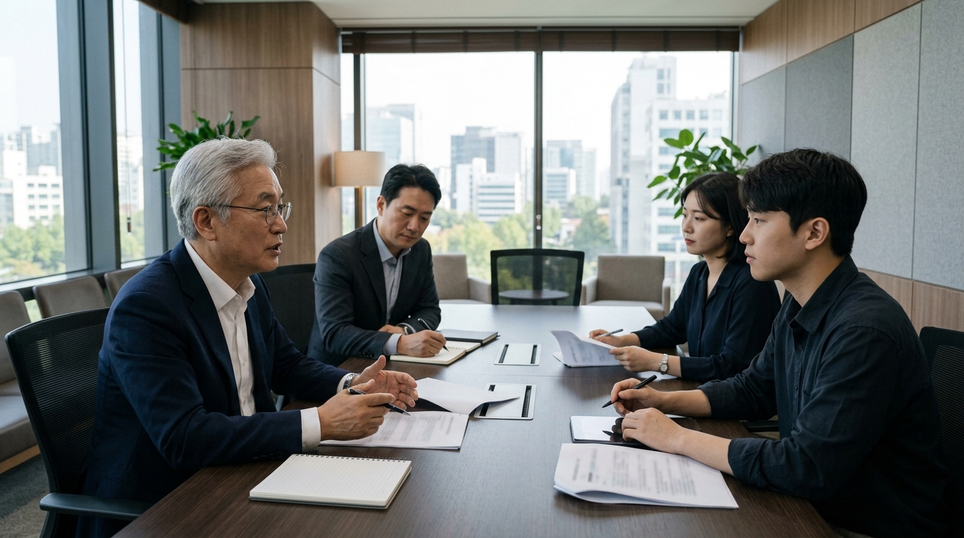 공공입찰 제안 전략을 논의하는 컨설턴트와 실무팀